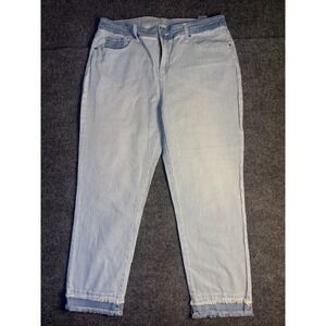 Chico's Jeans Women 2 Blue Striped Girlfriend Slim Leg Ankle Flast Front Raw Hem